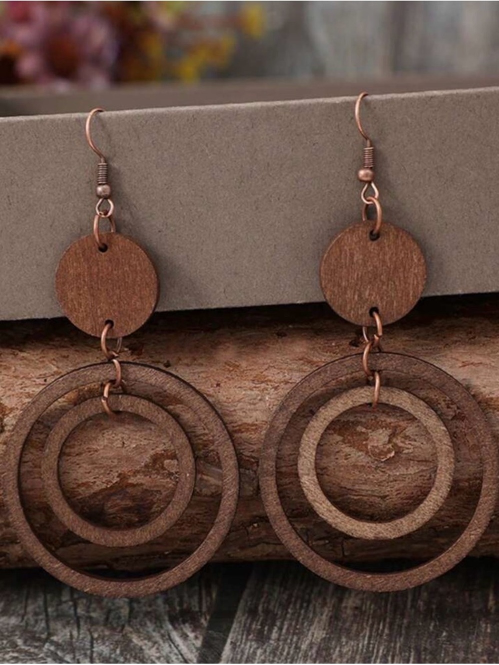 Brown Double Hoop Wood Drop Earrings - Picture 2 of 5